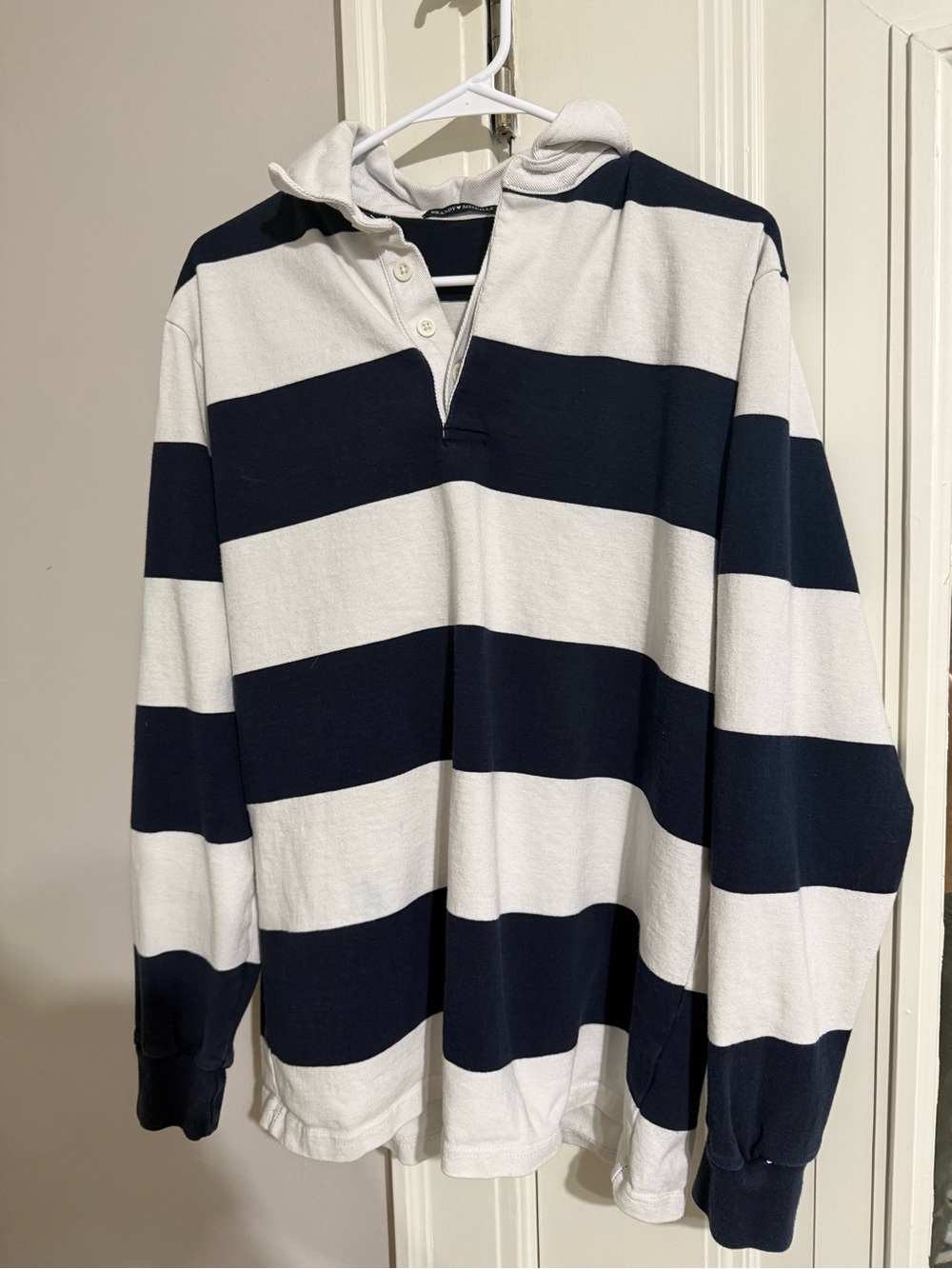 Brandy Melville Navy and White Striped Hooded Rugby Shirt